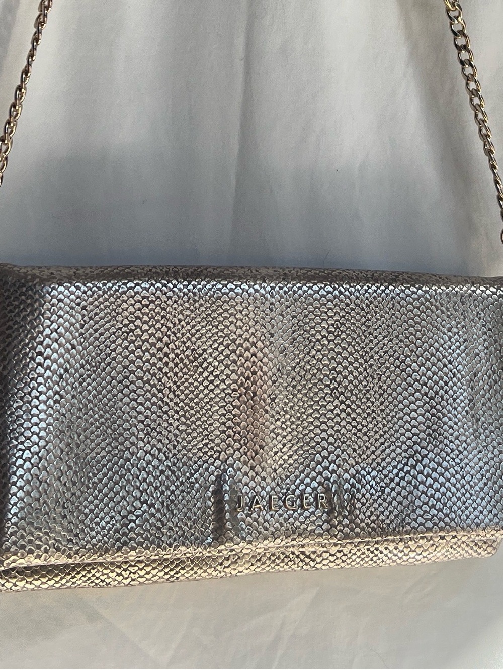 Jaeger Metallic Silver Snake-Texture Crossbody Bag with Chain Strap